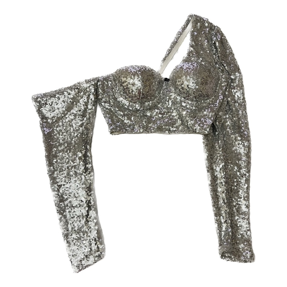Fashion Nova Silver Sequin Asymmetrical Crop Top (S)